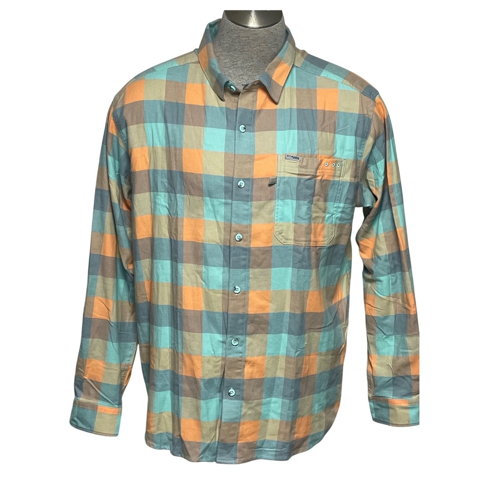 Columbia PFG‎ Aqua Peach Check Flannel Long Sleeve Button Down Shirt Men's XL